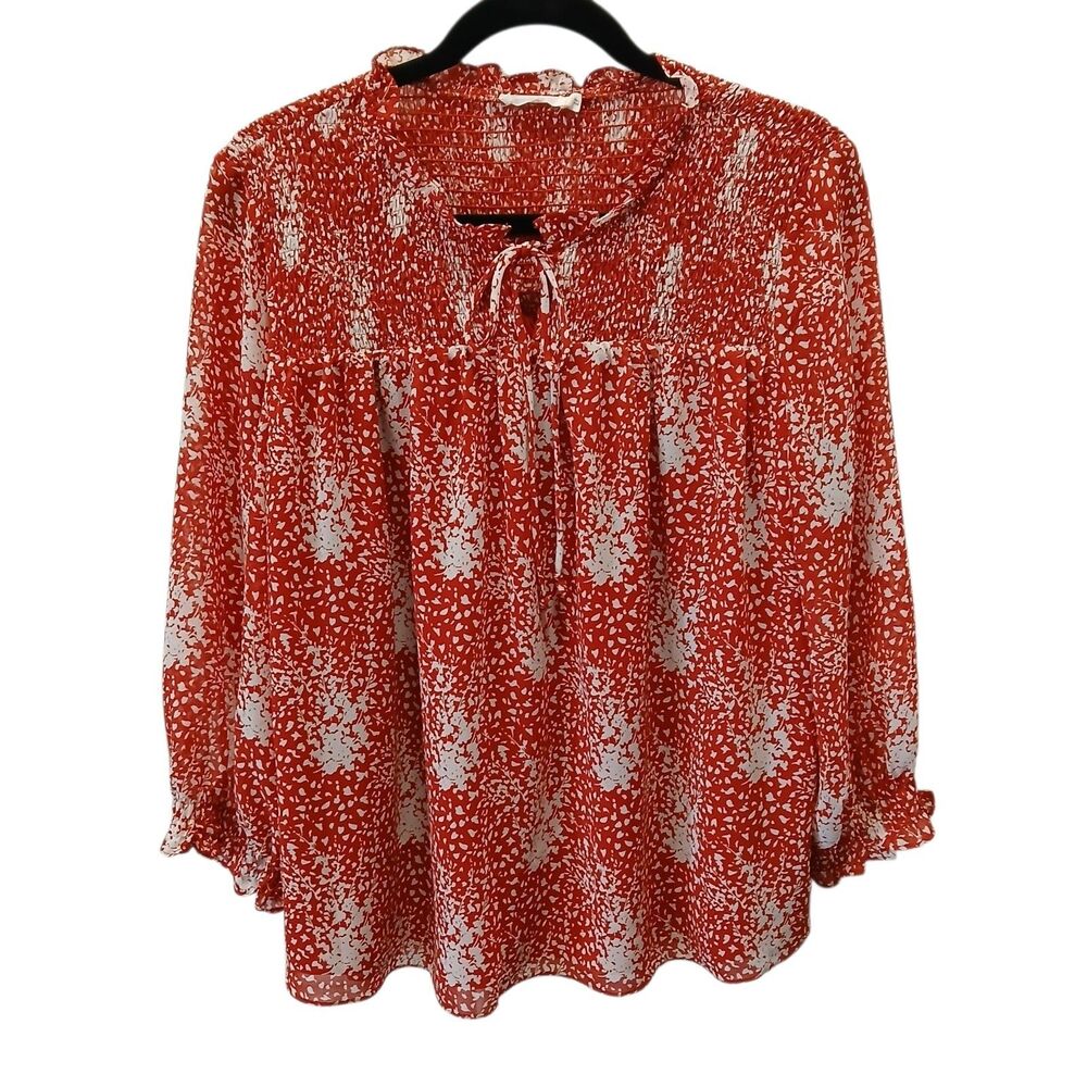 LUSH Rust White Floral Burst Peasant Blouse Smocked Tie Neck Long Sleeve  Medium